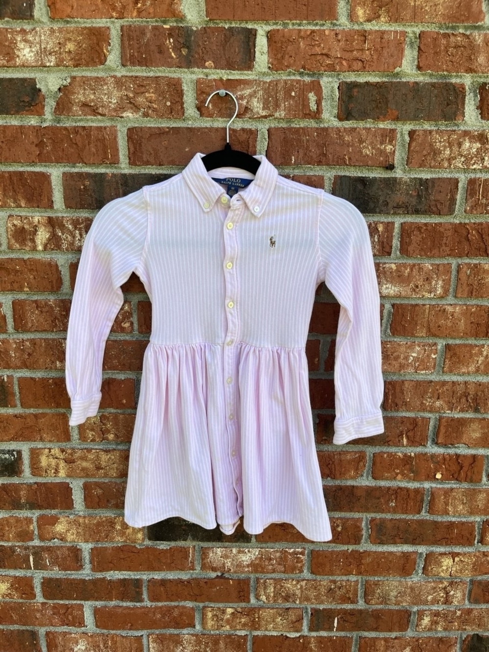 Girls’ Polo Ralph Lauren Drop-Waist Shirt Dress Pink Stripe 6X Good